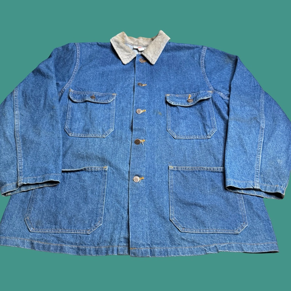 Vintage Dickies Denim Chore Coat L/XL USA Workwear Barn Jacket Corduroy Collar